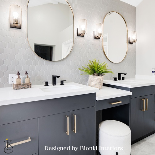 Custom bathroom design featuring dark cabinetry, brass hardware, and layered lighting. Designed by Bionki Interiors.